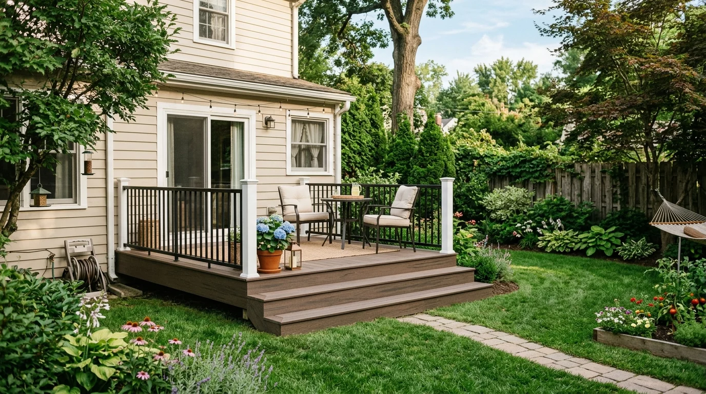 Example of a small, simple backyard composite decking, basic backyard decking option, with railing and stairs, built by South Shore Deck Builders.