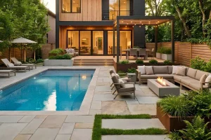 Contemporary backyard with a raised deck, swimming pool, and paved patio. Outdoor lounge seating, umbrellas, and a covered dining area create a luxurious outdoor living space surrounded by mature trees and privacy fencing.