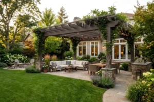 Spacious backyard patio with a dark wood pergola, climbing greenery, string lights, outdoor sectional seating, and a stone dining area surrounded by landscaped gardens.